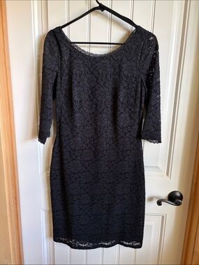 Eliza J Black Lace Overlay 3/4 Sleeve Sheath Dress, Size 8